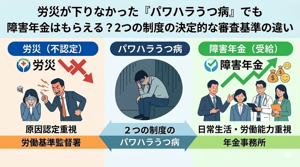 労災が下りなかった「パワハラうつ病」でも障害年金はもらえる？2つの制度の決定的な審査基準の違い