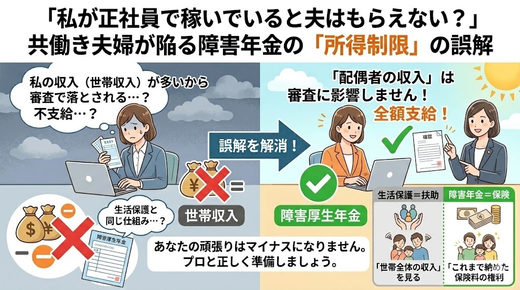 「私が正社員で稼いでいると夫はもらえない？」共働き夫婦が陥る障害年金の「所得制限」の誤解