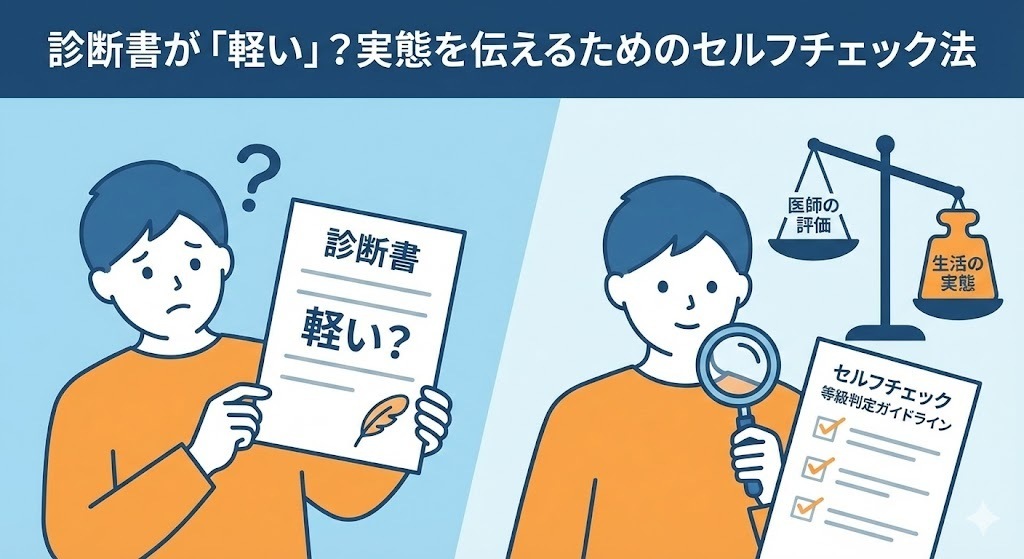 障害年金の診断書を見て「軽い」と悩む人と、天秤と虫眼鏡を使って等級判定ガイドラインをセルフチェックしているイラスト