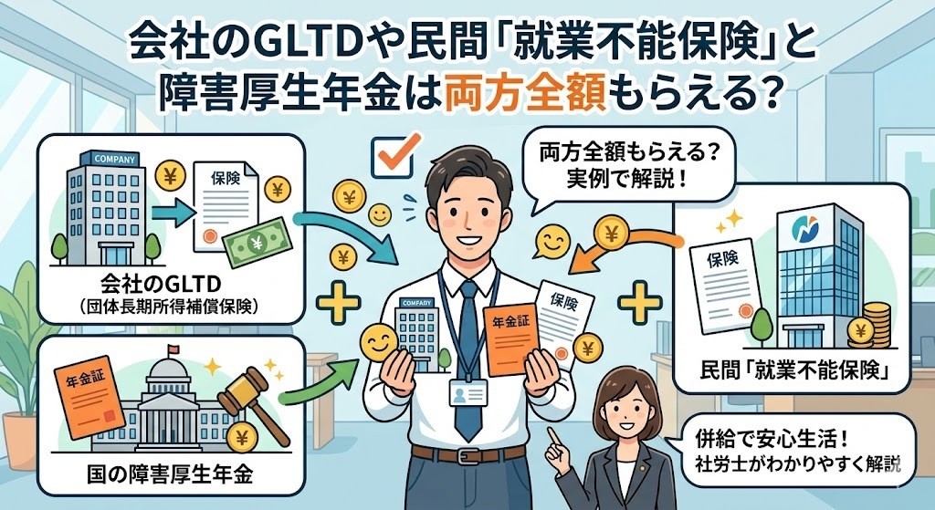会社のGLTDや民間「就業不能保険」と障害厚生年金は両方全額もらえる？