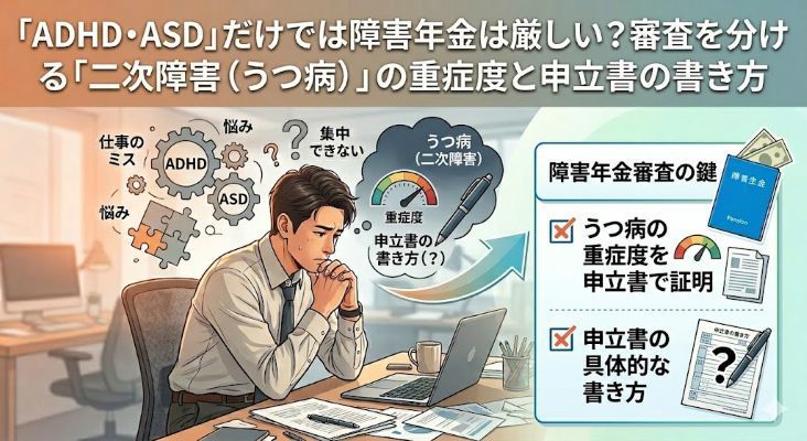 「ADHD・ASD」だけでは障害年金は厳しい？審査を分ける「二次障害（うつ病）」の重症度と申立書の書き方