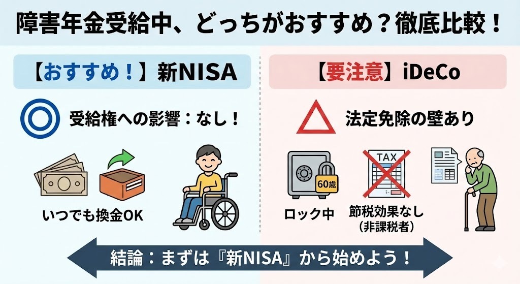 障害年金受給中、どっちがおすすめ？徹底比較！新NISA_vs_iDeCo
