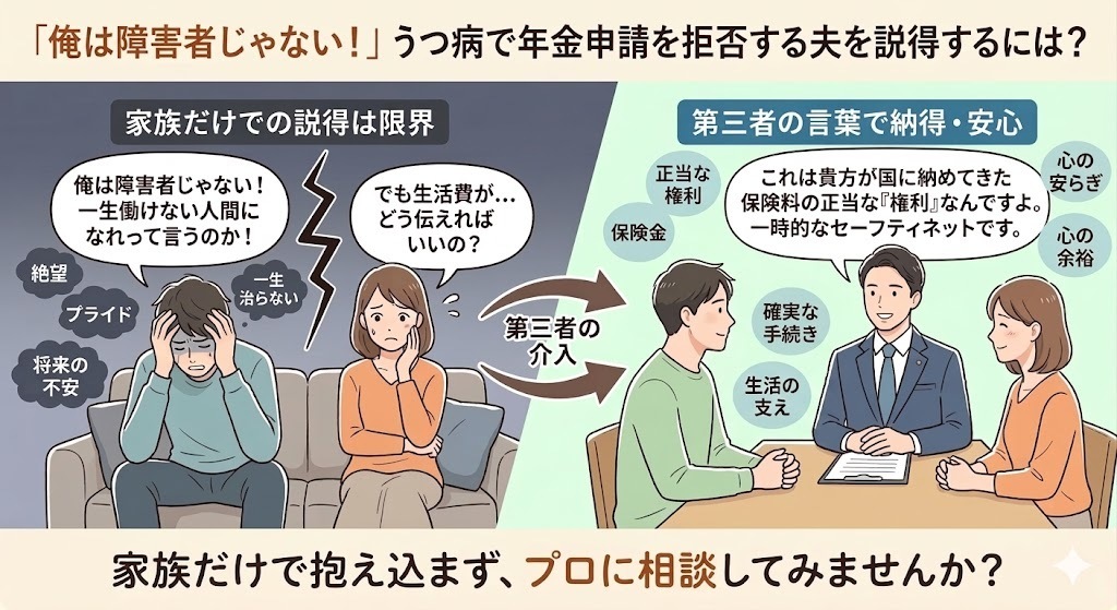 「俺は障害者じゃない！」うつ病で年金申請を拒否する夫を説得するには？第三者の活用法