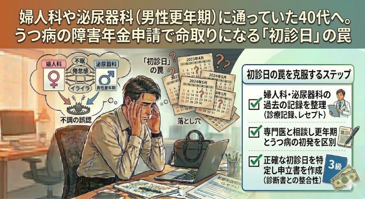 婦人科や泌尿器科（男性更年期）に通っていた40代へ。うつ病の障害年金申請で命取りになる「初診日」の罠