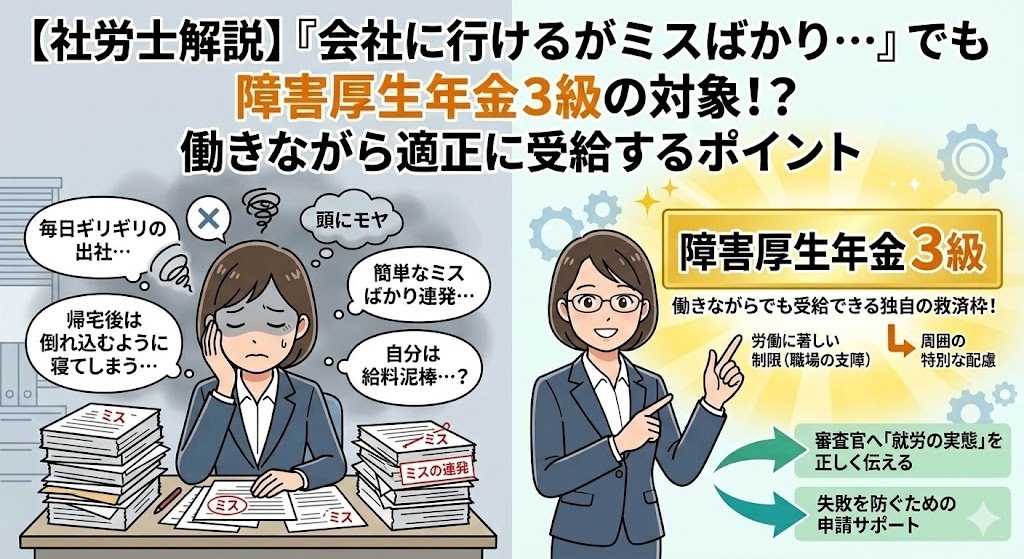 「会社に行けるがミスばかり…」働きながらでも障害年金3級の対象になる？