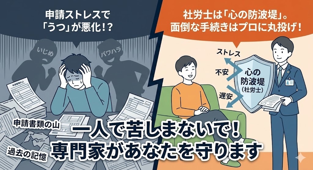 障害年金の申請で「うつ」が悪化？手続きのストレスを減らす社労士の役割と「心の防波堤」‗一人で苦しまないで！専門家があなたを守ります