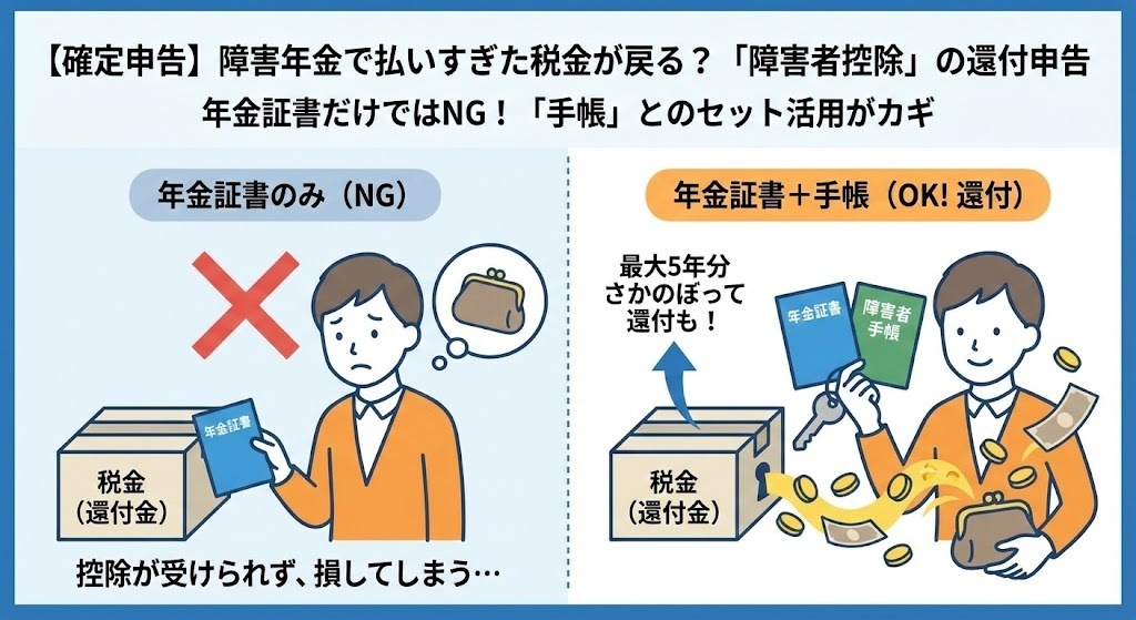 【確定申告】障害年金で払いすぎた税金が戻る？「障碍者控除」の還付申告‗年金証書だけではNG！「手帳」とのセット活用がカギ