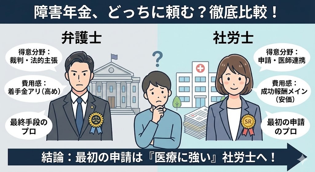 障害年金、弁護士と社労士どっちに頼む？徹底比較！