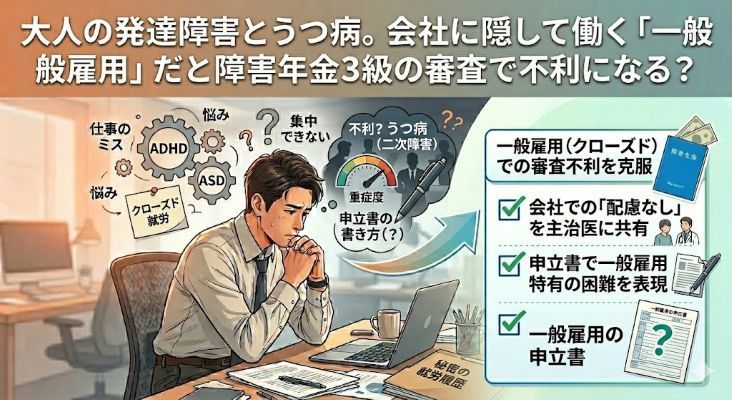 大人の発達障害とうつ病。会社に隠して働く「一般雇用」だと障害年金3級の審査で不利になる？