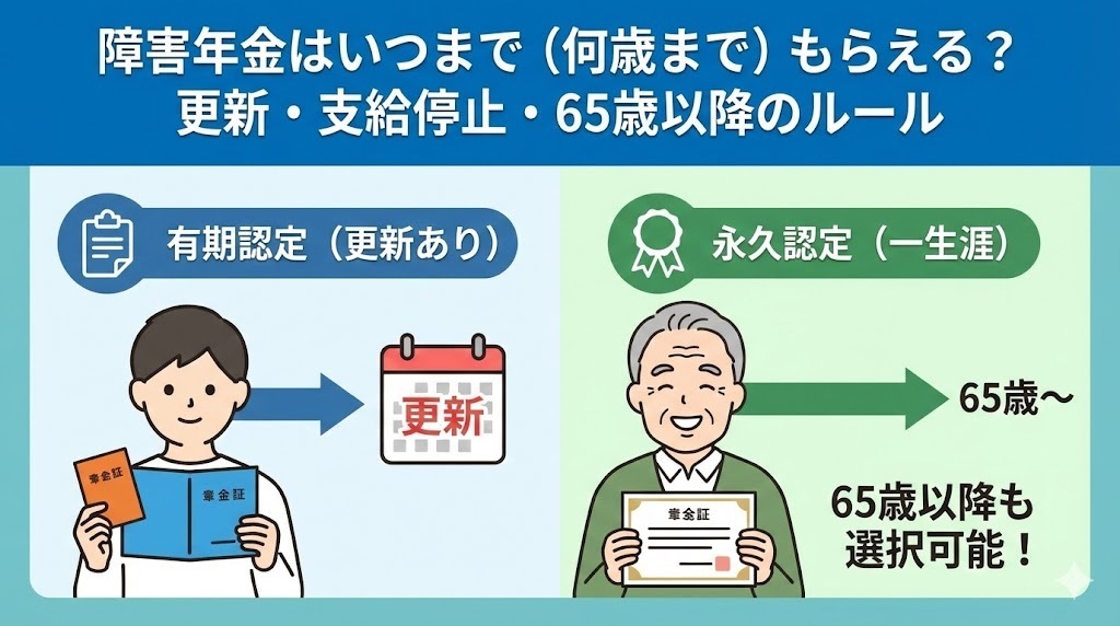 障害年金はいつまで（何歳まで）もらえる？更新・支給停止・65歳以降のルール