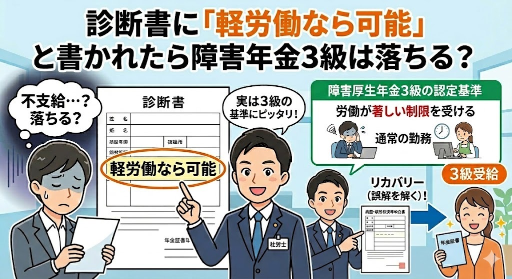 診断書に「軽労働なら可能」と書かれたら障害年金3級は落ちる？