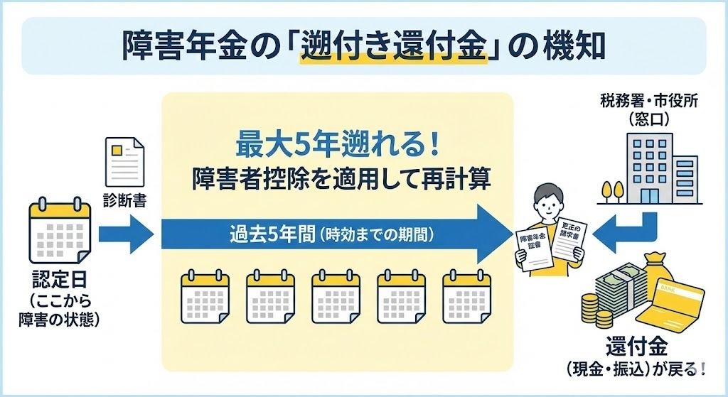 障害年金の遡及請求による税金還付の仕組み図解（過去5年分の時効と更正の請求の流れ）