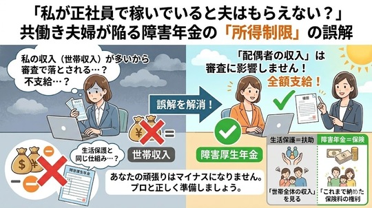 「私が正社員で稼いでいると夫はもらえない？」共働き夫婦が陥る障害年金の「所得制限」の誤解