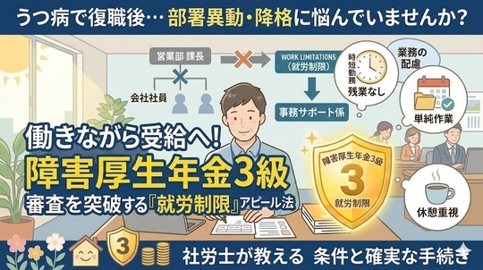 うつ病で復職後、部署異動や降格に…。障害年金「3級」審査で必須となる「就労制限」のアピール方法