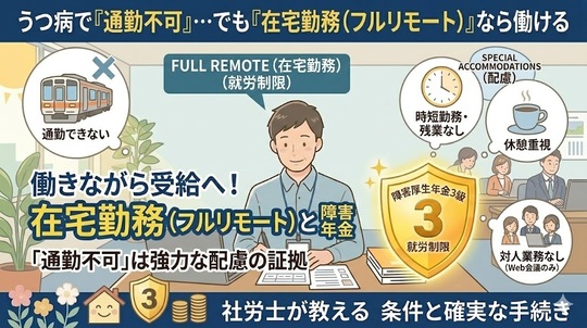 フルリモート（在宅勤務）なら働けるうつ病患者は障害年金をもらえる？「通勤できない」の評価ポイント