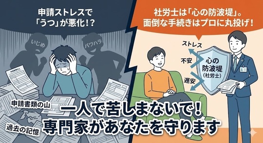 障害年金の申請で「うつ」が悪化？手続きのストレスを減らす社労士の役割と「心の防波堤」‗一人で苦しまないで！専門家があなたを守ります