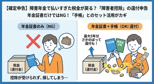 【確定申告】障害年金で払いすぎた税金が戻る？「障碍者控除」の還付申告‗年金証書だけではNG！「手帳」とのセット活用がカギ