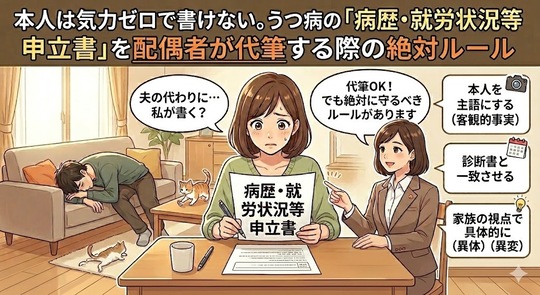 本人は気力ゼロで書けない。うつ病の「病歴・就労状況等申立書」を配偶者が代筆する際の絶対ルール