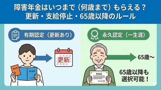 障害年金はいつまで（何歳まで）もらえる？更新・支給停止・65歳以降のルール