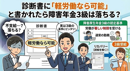 診断書に「軽労働なら可能」と書かれたら障害年金3級は落ちる？