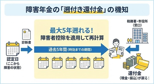 障害年金の遡及請求による税金還付の仕組み図解（過去5年分の時効と更正の請求の流れ）